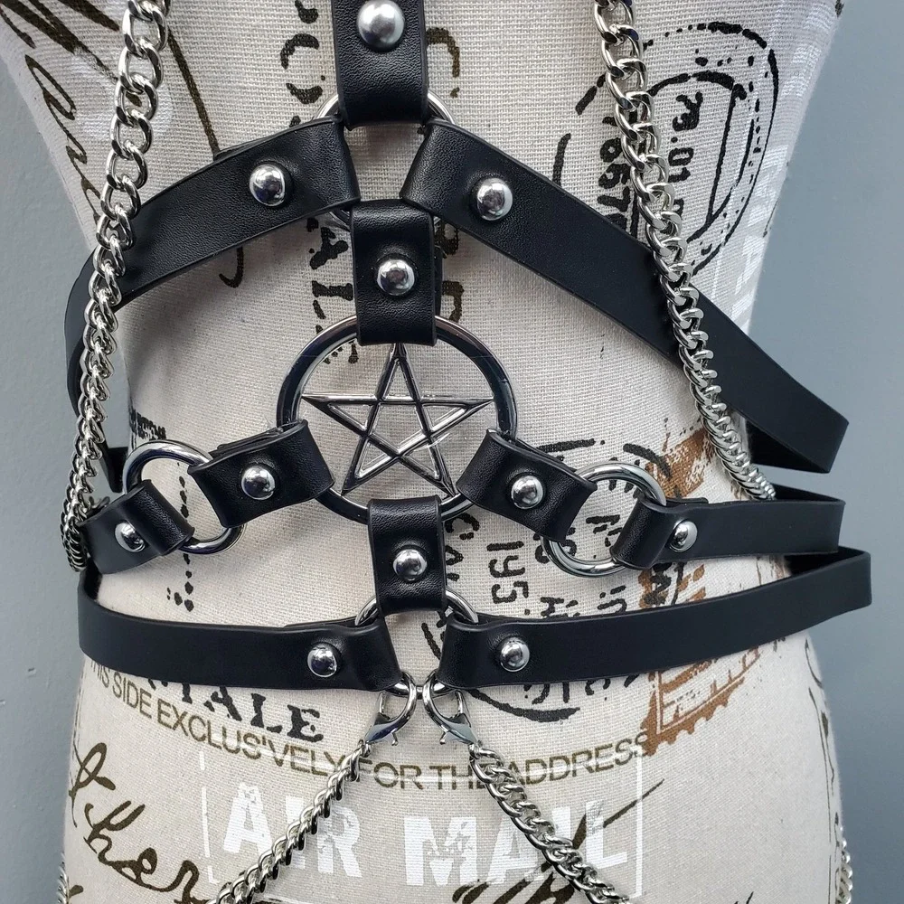 Gothic‎ Black Faux Leather Body Harness Pentagram Chain Choker Waist Belt Womens